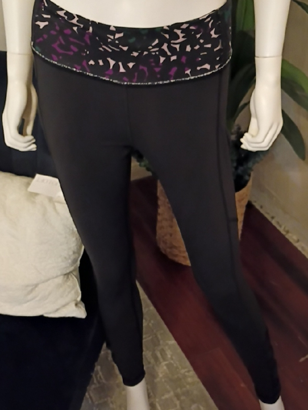 lululemon athletica Black Leggings with Purple Printed Foldover Waist